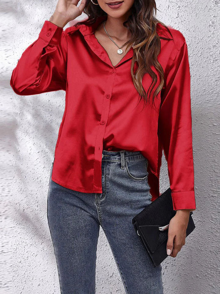 Satin blouse for women - Loose fit - Button placket - Long sleeves made of silk