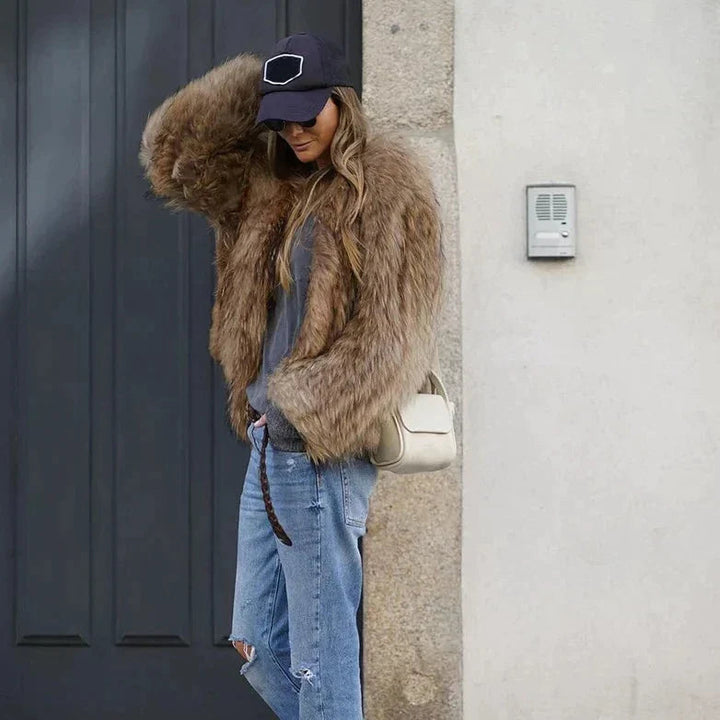 Mune | Women's Short Imitation Fur Jacket in Brown with Long Sleeves