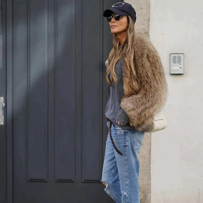 Mune | Women's Short Imitation Fur Jacket in Brown with Long Sleeves