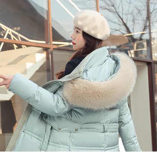 Mune | Long Winter Jacket Puffer Design Faux Fur Hood Tailored Belt Warm and Insulating