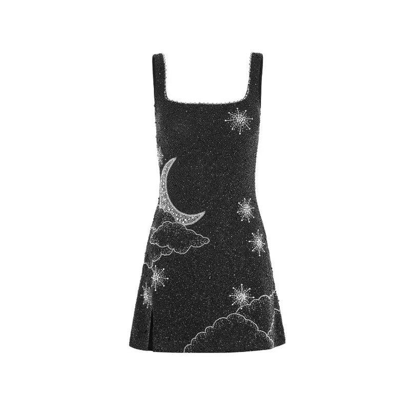 Mune | Celestial Sparkle Mini Dress Party Dress with Moon and Star Decoration