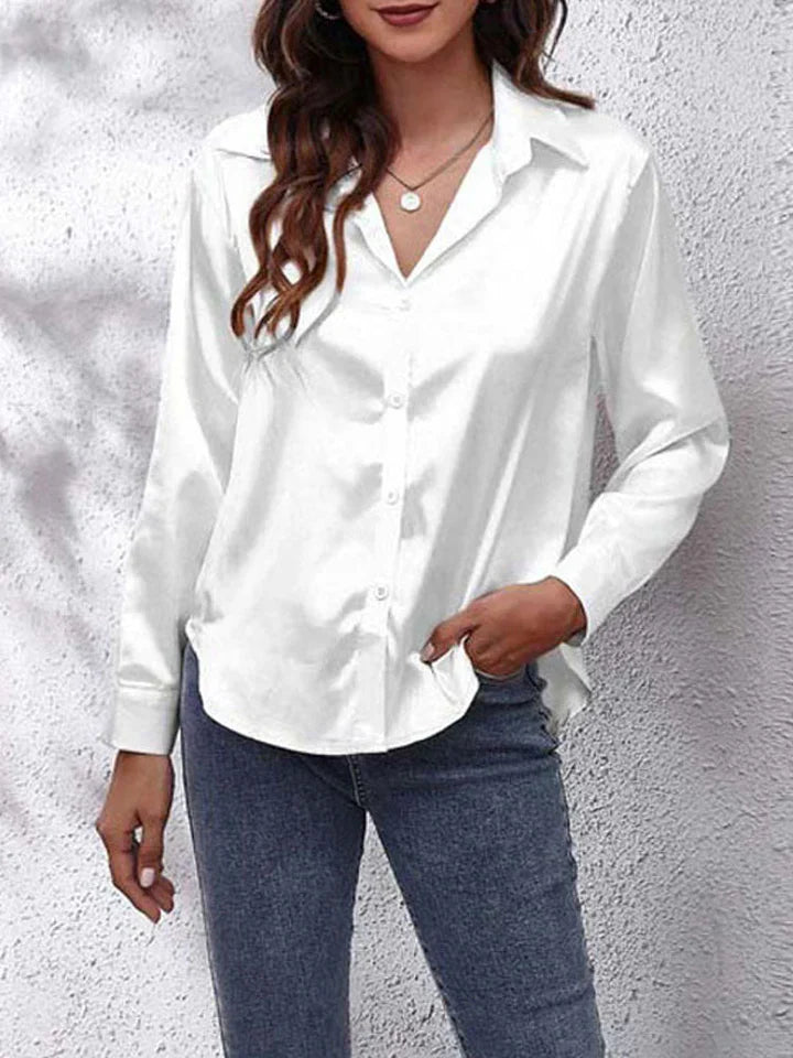 Satin blouse for women - Loose fit - Button placket - Long sleeves made of silk