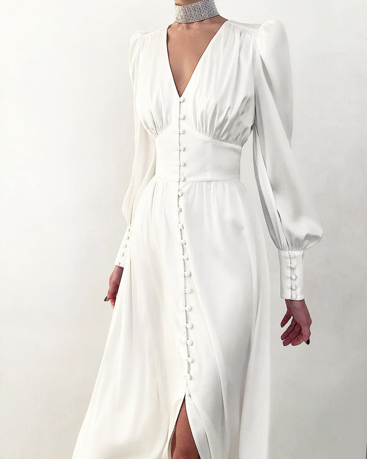 Elegant party dress with V-neck and puff sleeves for women