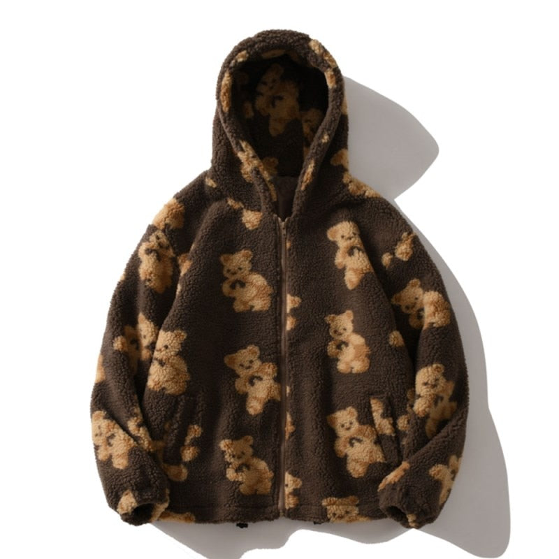 Mune | Bear Teddy Print Plush Jacket Fluffy Hood Outerwear