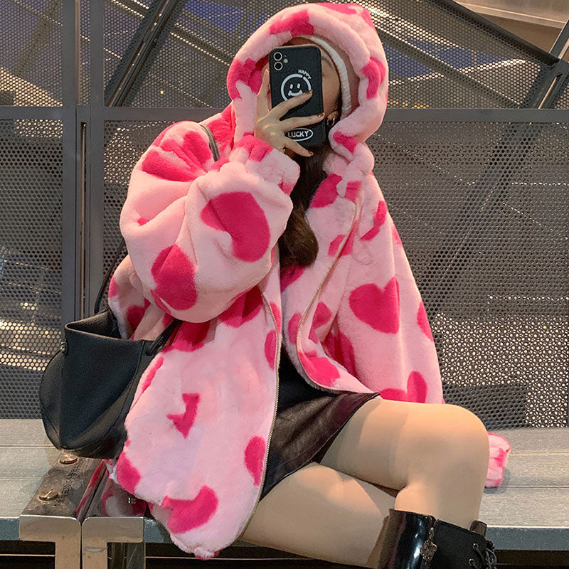 Mune | Bear Teddy Print Plush Jacket Fluffy Hood Outerwear