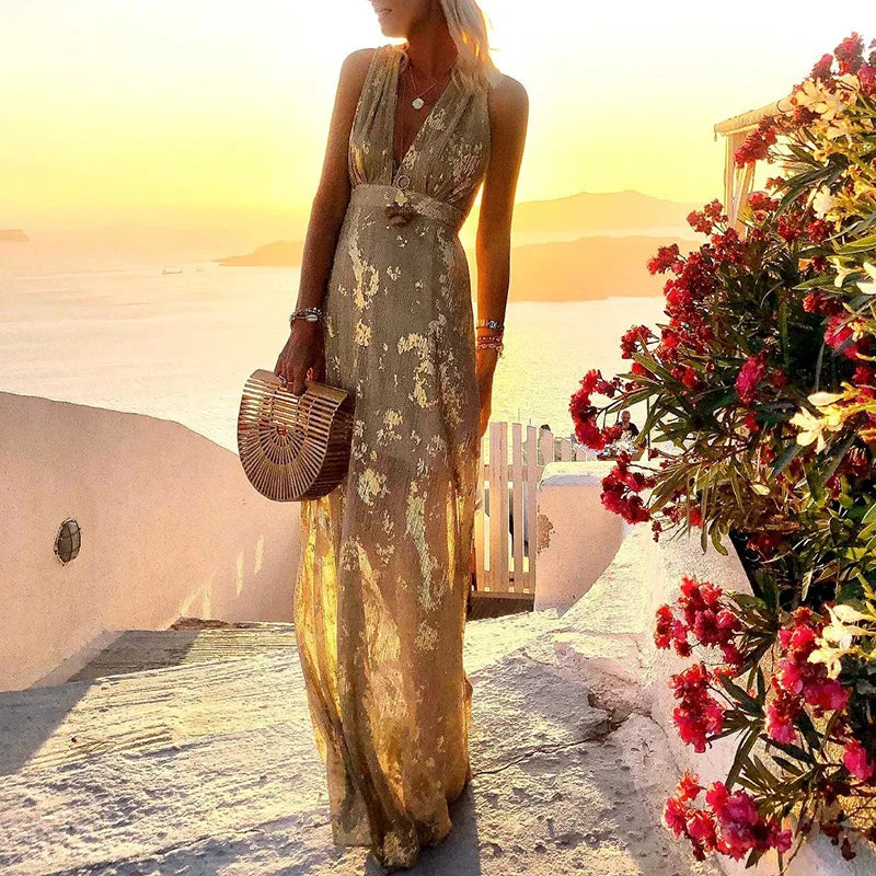 Flowing dress with V-neck and sequin embellishment