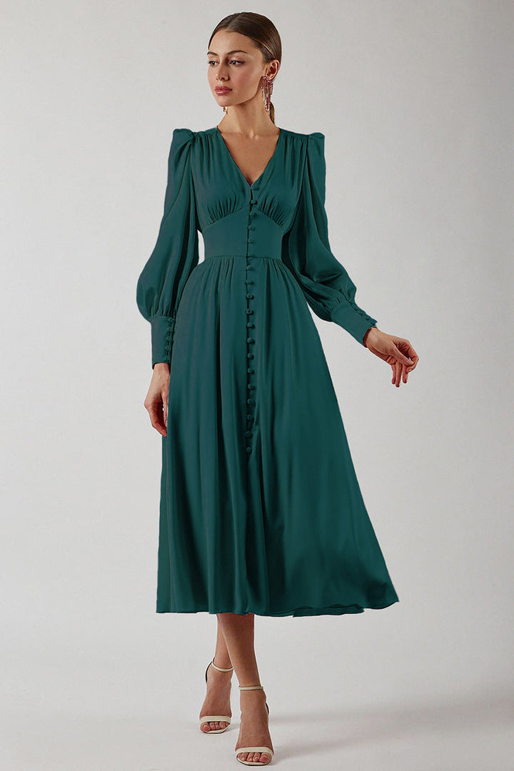 Elegant party dress with V-neck and puff sleeves for women