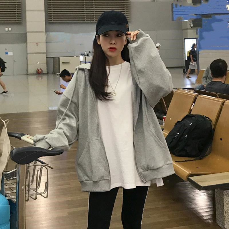 Mune | Zip-up Oversized Solid Pocket Hooded Long Sleeve Loose Baseball Jacket