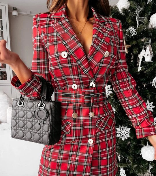 Mune | Blazer Dress In Checks With Double Row Of Buttons And Belt