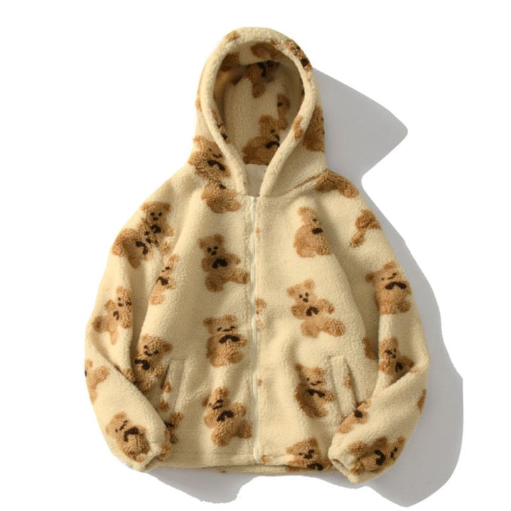 Mune | Bear Teddy Print Plush Jacket Fluffy Hood Outerwear