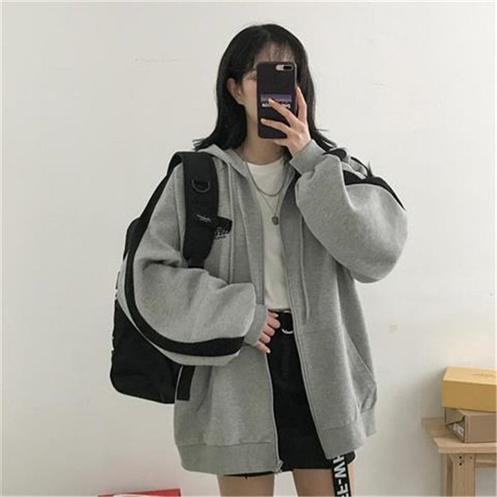 Mune | Zip-up Oversized Solid Pocket Hooded Long Sleeve Loose Baseball Jacket