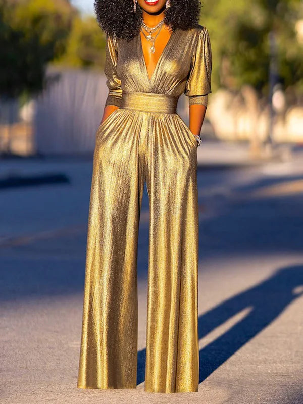 Mune Fashion Women's Jumpsuit with V-Neck and Metallic Look