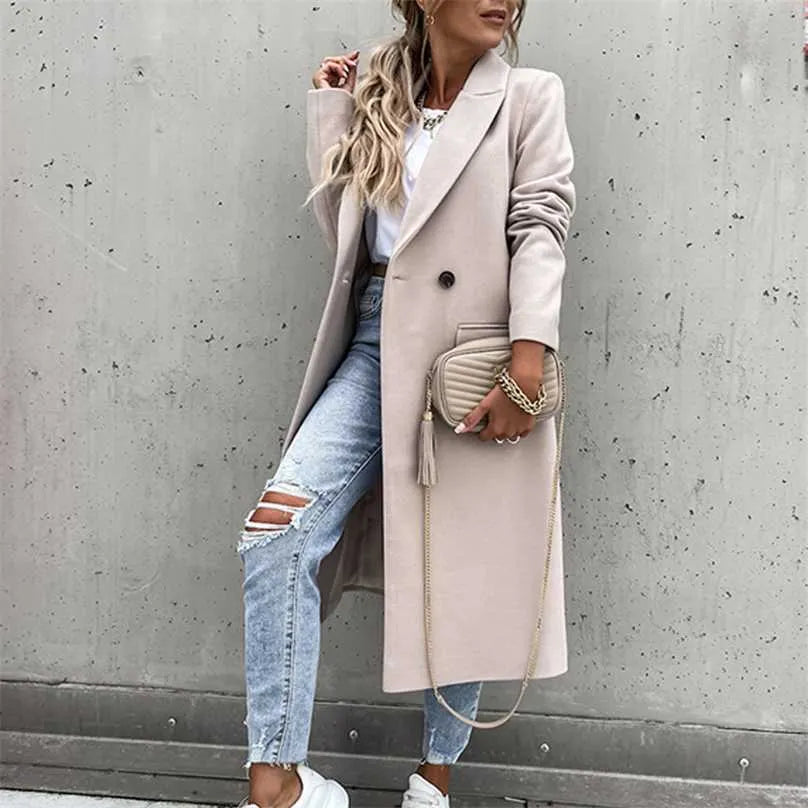 Mune | Women's Long Winter Coat in Casual Chic Style with Lapel Collar and Pockets