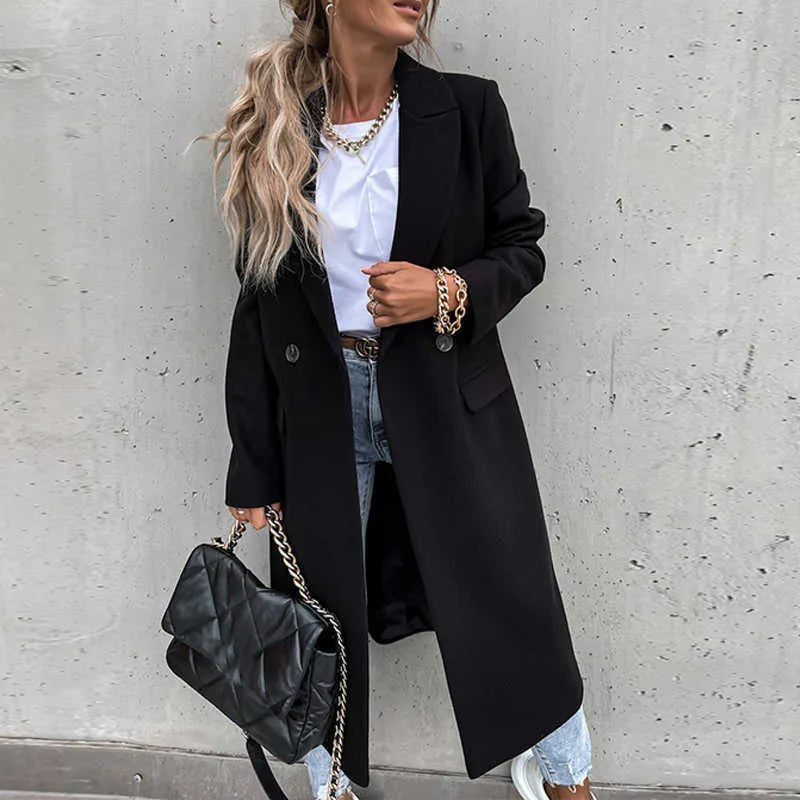 Mune | Women's Long Winter Coat in Casual Chic Style with Lapel Collar and Pockets