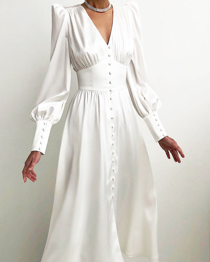 Elegant party dress with V-neck and puff sleeves for women