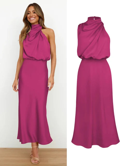 Elegant Neck Rips Spaghetti Midi Dress