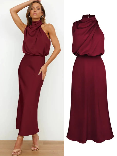 Elegant Neck Rips Spaghetti Midi Dress