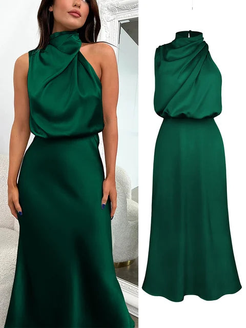 Elegant Neck Rips Spaghetti Midi Dress