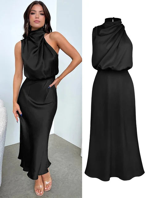 Elegant Neck Rips Spaghetti Midi Dress