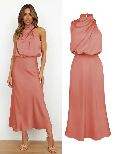 Elegant Neck Rips Spaghetti Midi Dress