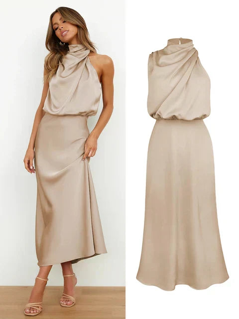 Elegant Neck Rips Spaghetti Midi Dress