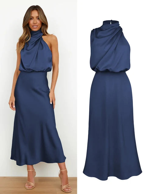 Elegant Neck Rips Spaghetti Midi Dress