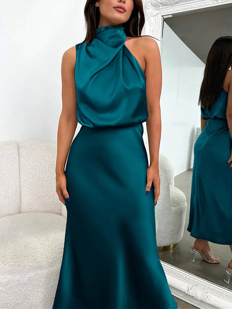 Elegant Neck Rips Spaghetti Midi Dress