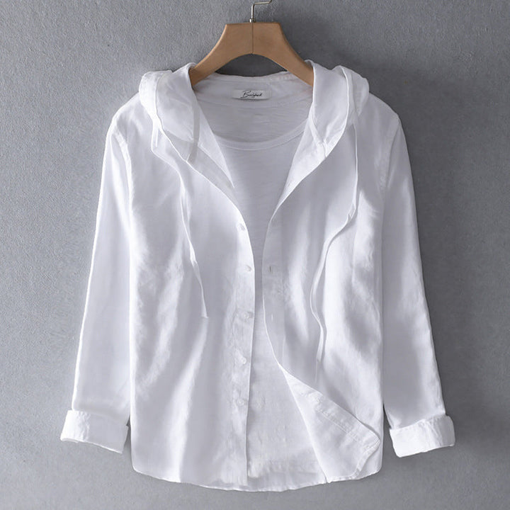 Women Long Sleeve Blouse with Hood and Button Placket