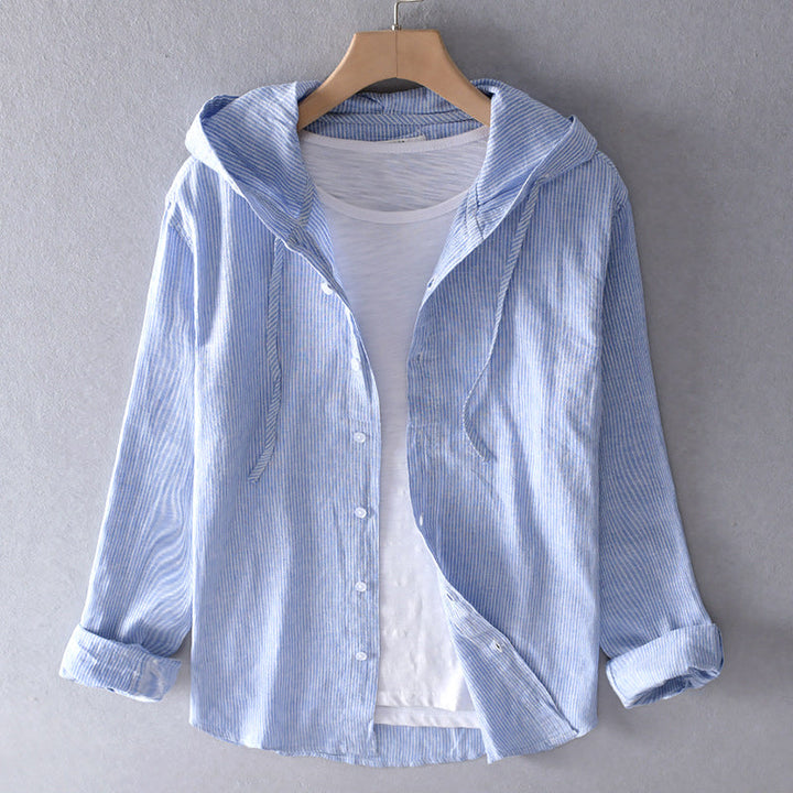 Women Long Sleeve Blouse with Hood and Button Placket