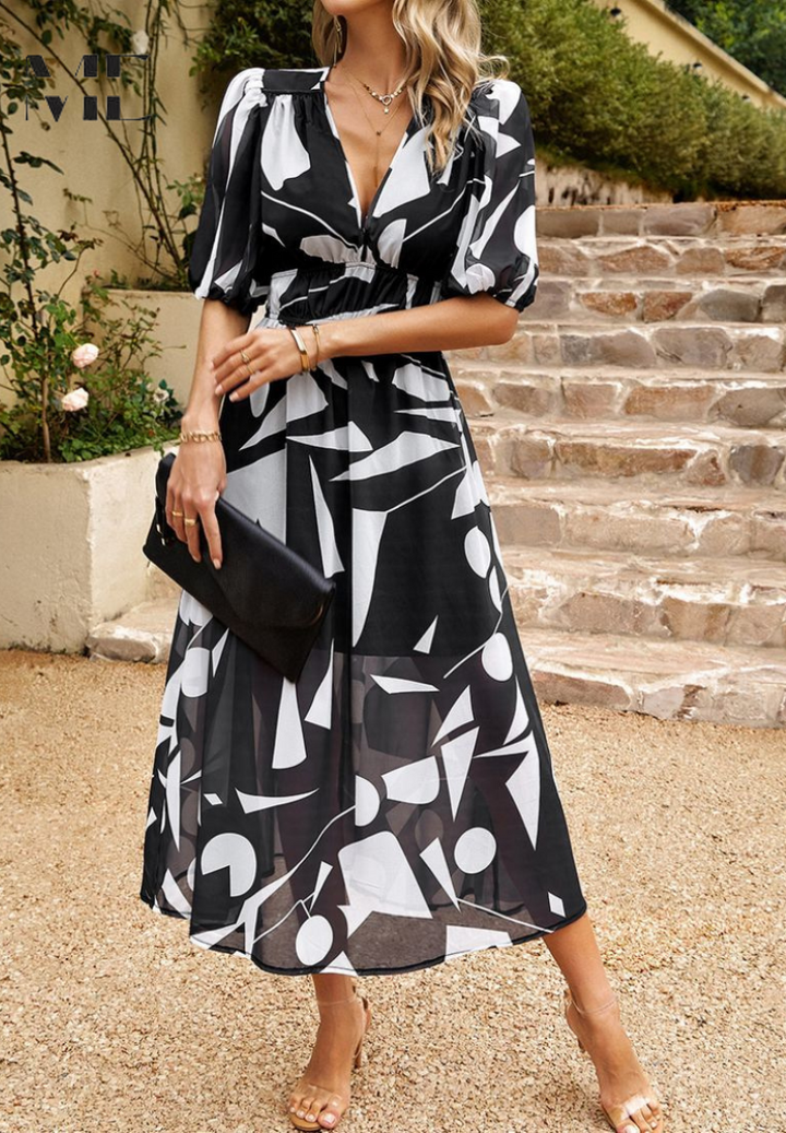 Mune | Elegant Floral Midi Dress with Puff Sleeves