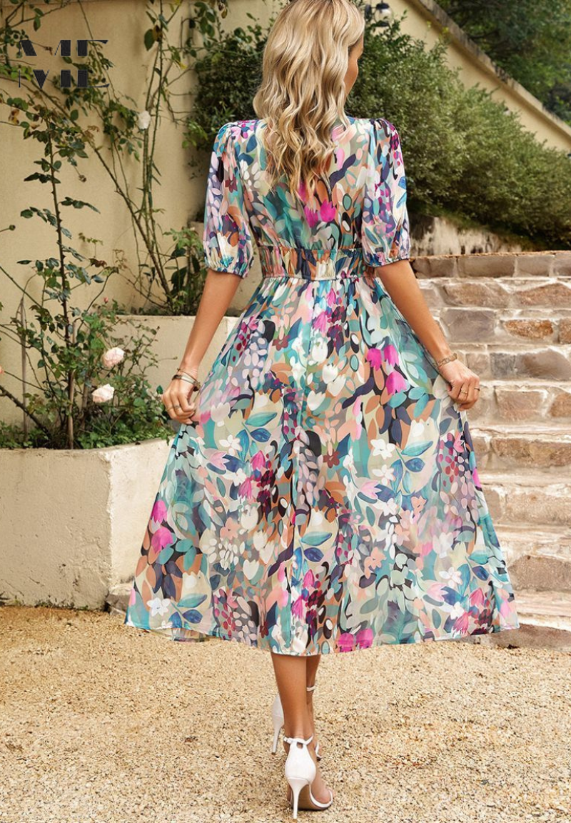 Mune | Elegant Floral Midi Dress with Puff Sleeves