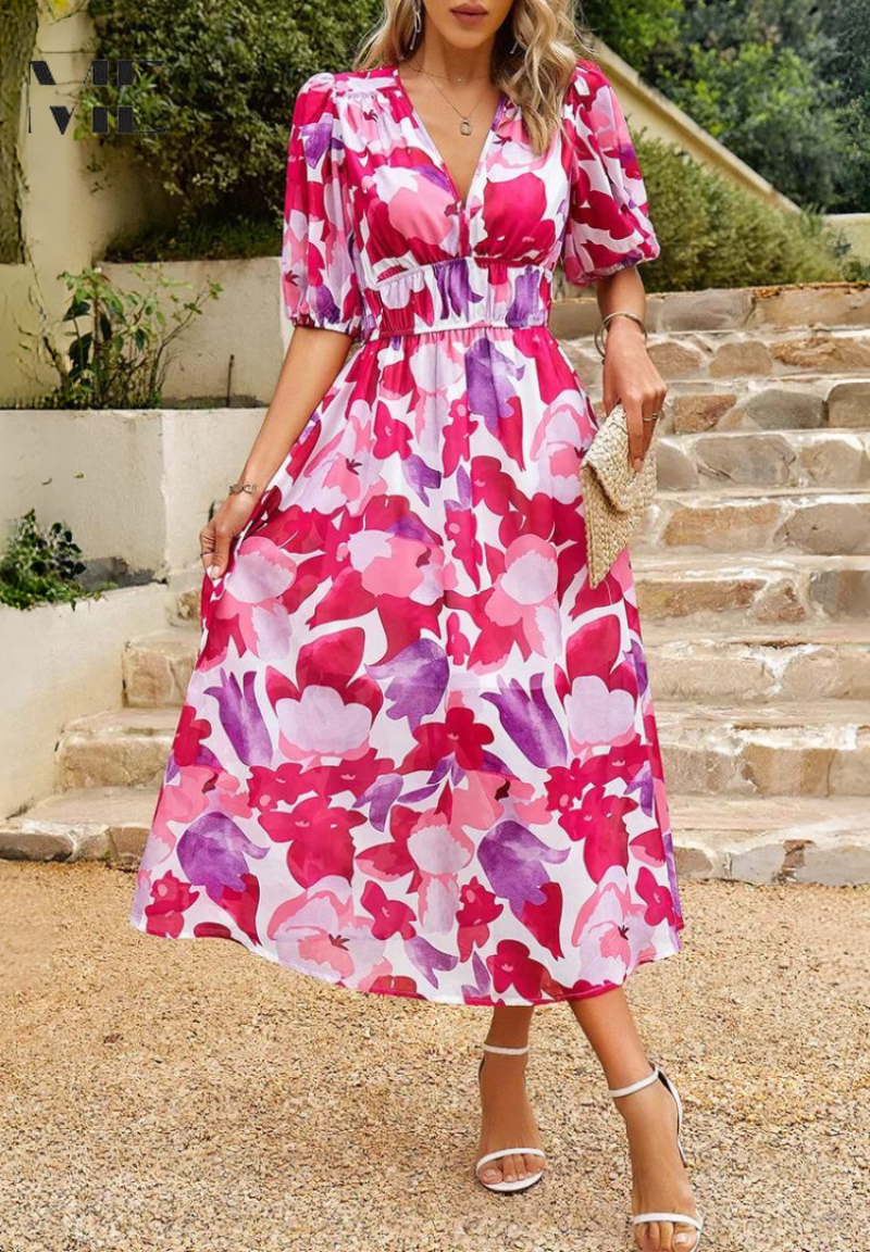 Mune | Elegant Floral Midi Dress with Puff Sleeves