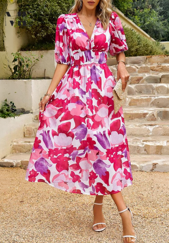 Mune | Elegant Floral Midi Dress with Puff Sleeves
