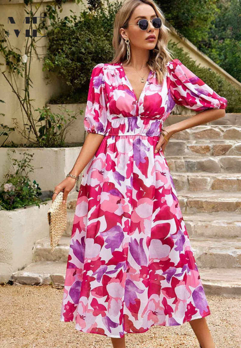 Mune | Elegant Floral Midi Dress with Puff Sleeves