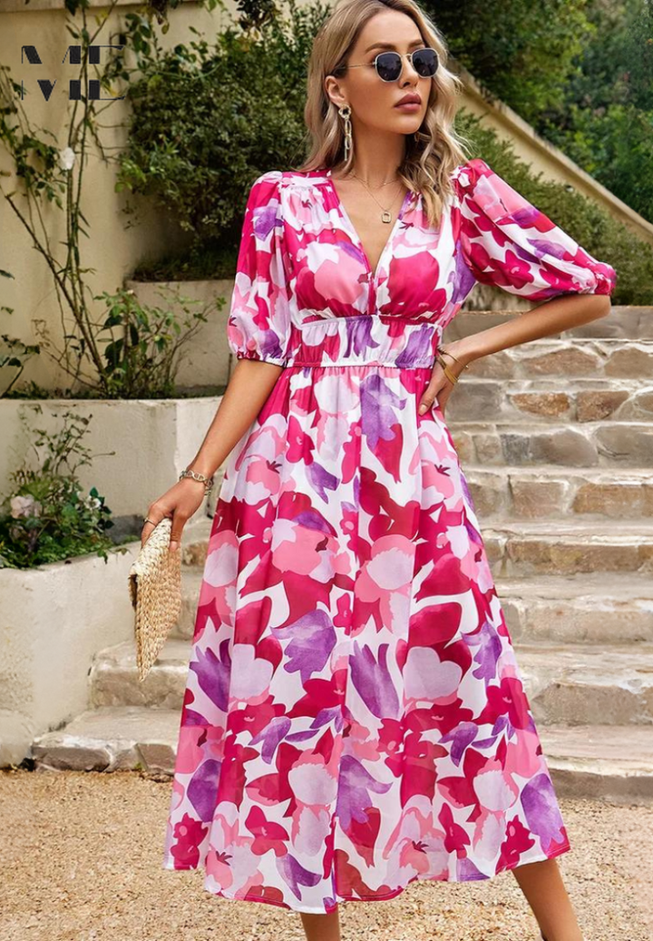 Mune | Elegant Floral Midi Dress with Puff Sleeves