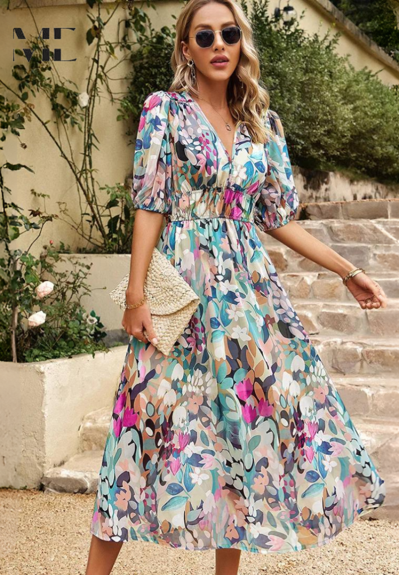 Mune | Elegant Floral Midi Dress with Puff Sleeves