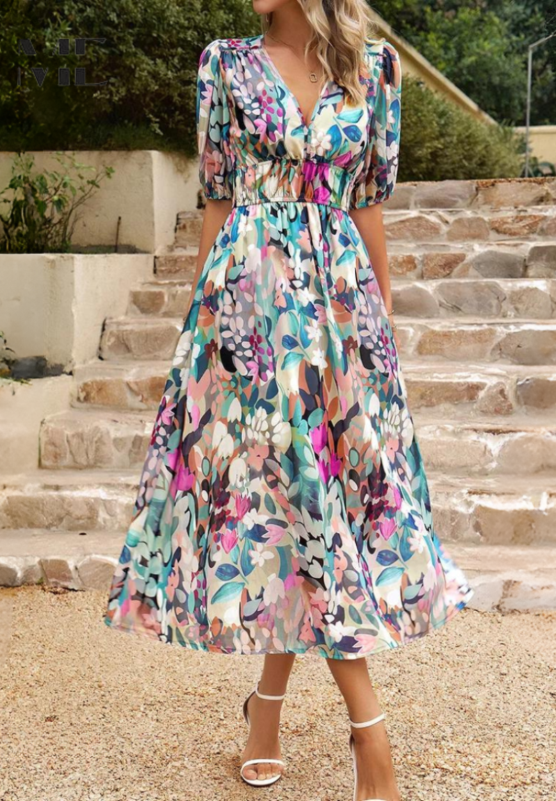 Mune | Elegant Floral Midi Dress with Puff Sleeves