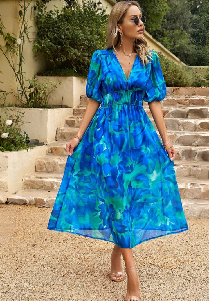 Mune | Elegant Floral Midi Dress with Puff Sleeves