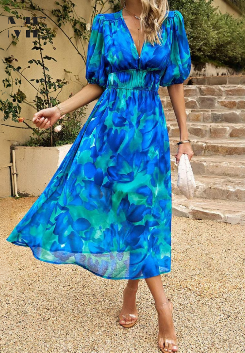 Mune | Elegant Floral Midi Dress with Puff Sleeves