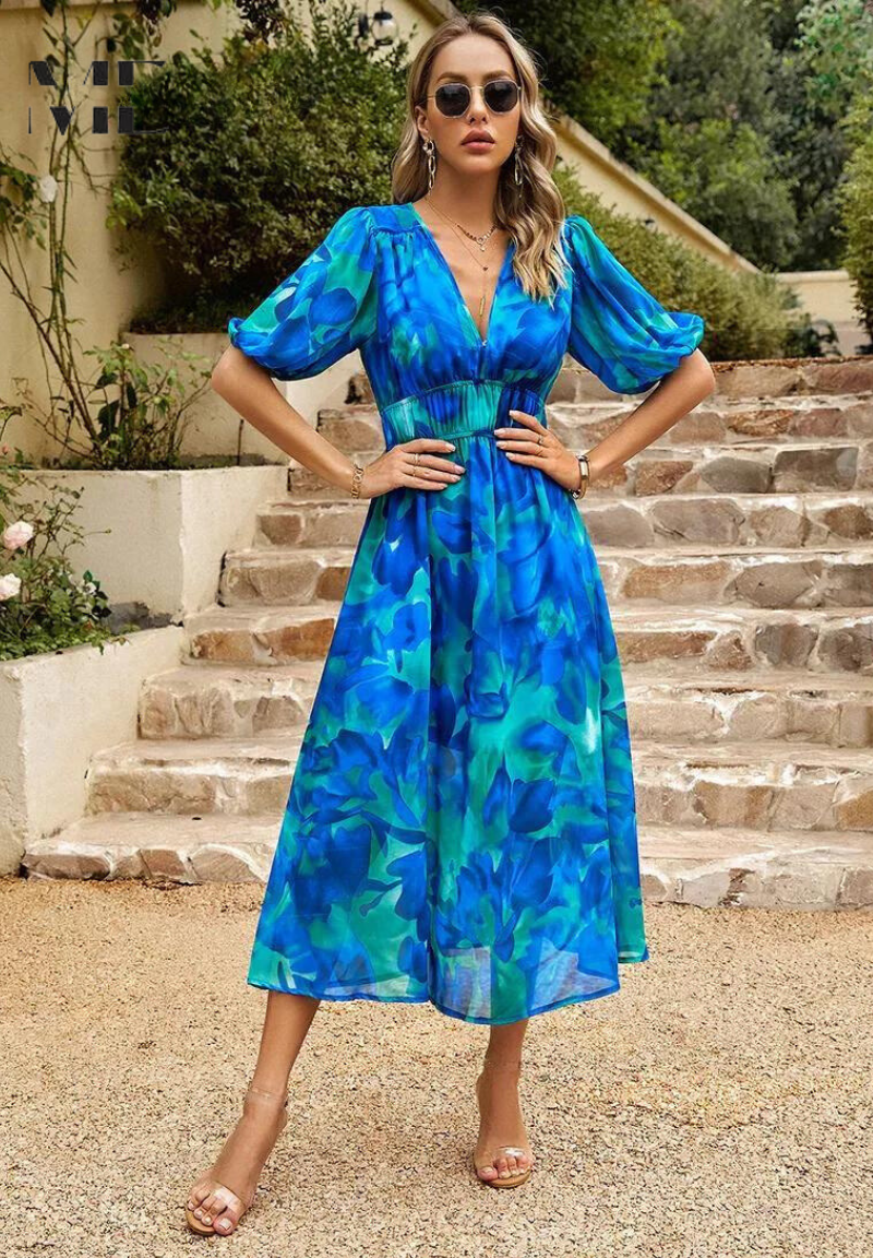 Mune | Elegant Floral Midi Dress with Puff Sleeves