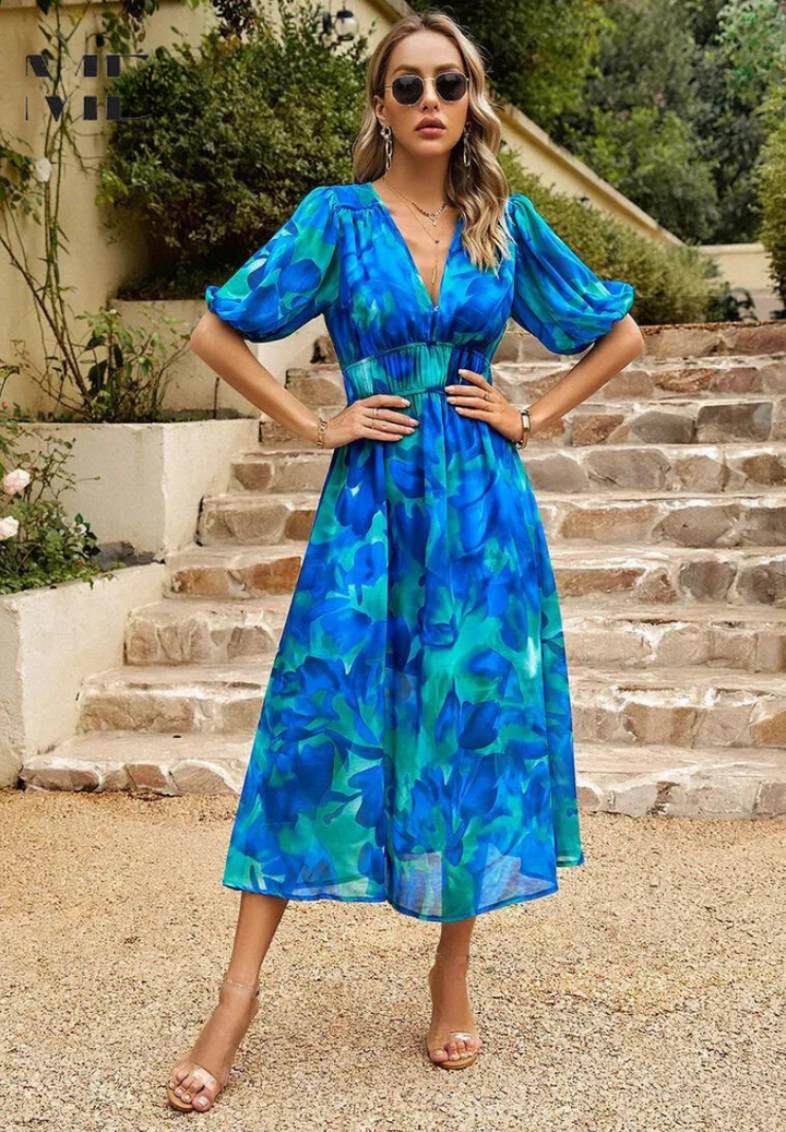 Mune | Elegant Floral Midi Dress with Puff Sleeves