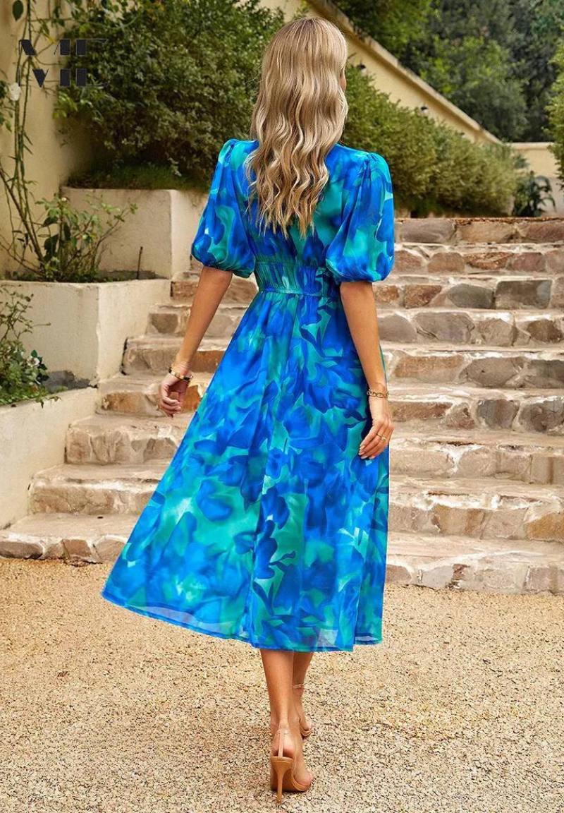 Mune | Elegant Floral Midi Dress with Puff Sleeves