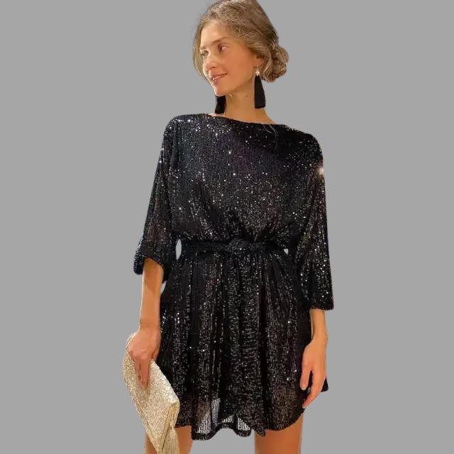 Mune | Mini Dress with Sequins, Pleated Waist and Wide Sleeves