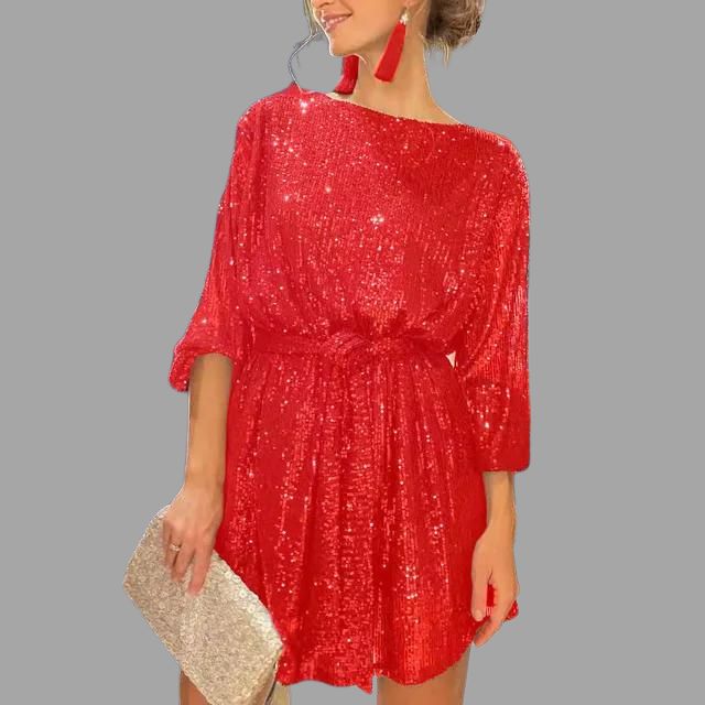 Mune | Mini Dress with Sequins, Pleated Waist and Wide Sleeves