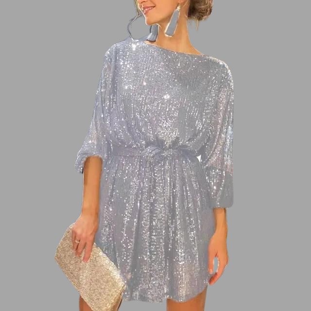 Mune | Mini Dress with Sequins, Pleated Waist and Wide Sleeves