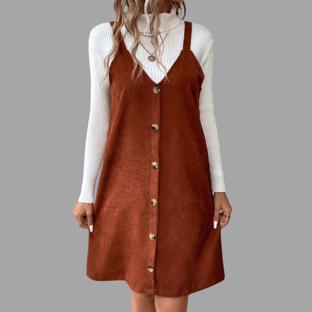 Mune | Dress In Cord with Straps, V-Neck and Button Details