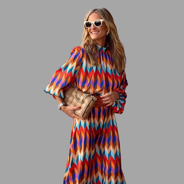Colorful midi dress with herringbone pattern and belt