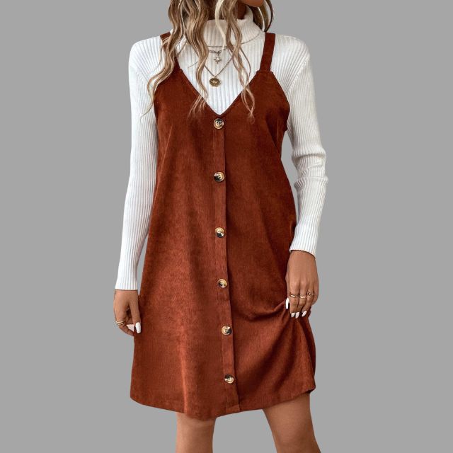 Mune | Dress In Cord with Straps, V-Neck and Button Details