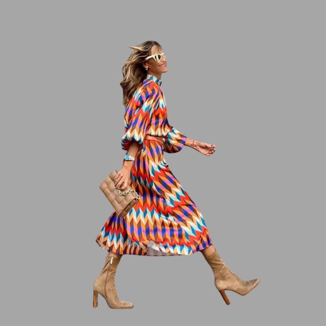 Colorful midi dress with herringbone pattern and belt