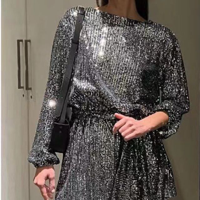 Mune | Mini Dress with Sequins, Pleated Waist and Wide Sleeves